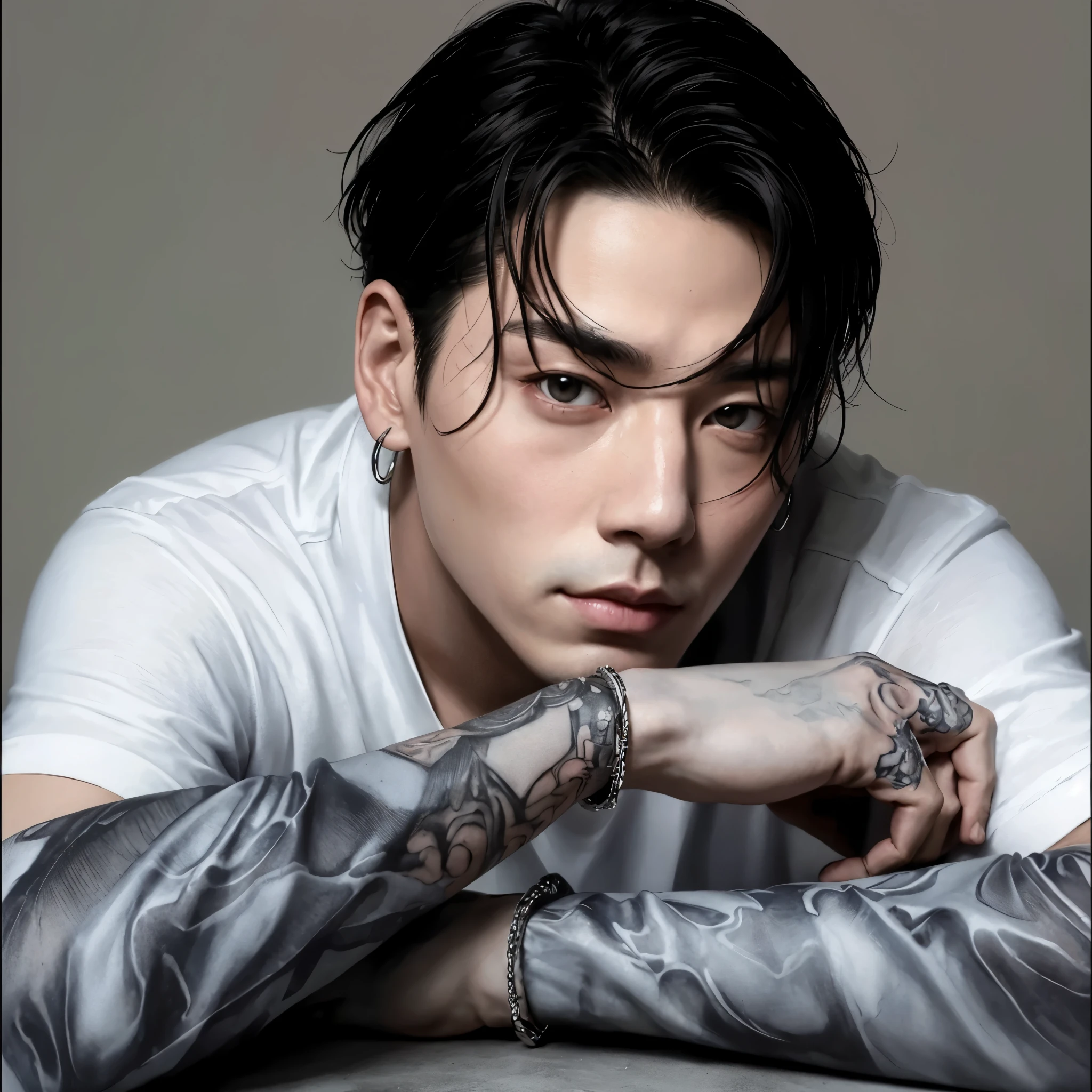 chiseled man with tattoos on his arms and arms resting on a table, Jungkook, artista coreano, brilhante da chuva, hyung tae, taejune kim, Cai Xukun, estilo de hajime isayama, inspirado em Zhu Da, choi, inspirado em Yanjun Cheng, inspirado em Gang Se-hwang, estilo de arte hiperrealista, Jinyoung Shin