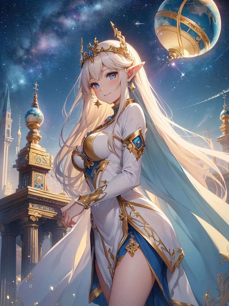top-quality、Top image quality、masterpiece、Super beautiful elf beauty((24 year old、Best Bust、big bast、Bust 90,beautiful blue long ironed hair、a blond、globe、A sexy、A slender、a closeup、Esbian、beautiful tiara、hiquality、Beautiful Art、Background with((starrysky)))masutepiece、visualart、depth of fields、low angle of morning sky、、Elven ears、、light magic、Space Knight、harp melody🎵、Happy smile、Gentle light、、Beautiful legs that are gentle on the skin、、、Number of fingers to achieve precise finger movements、ticker beautiful decorative underwear、elegent、Mystical Rosa、 Heaven、Marble pillars, beautiful dressy、magnificent marble dome、巨大なglobe、religious painting、Hug the earth、Temple of Time、Great watch、hour glass、sundial、moment of creation!