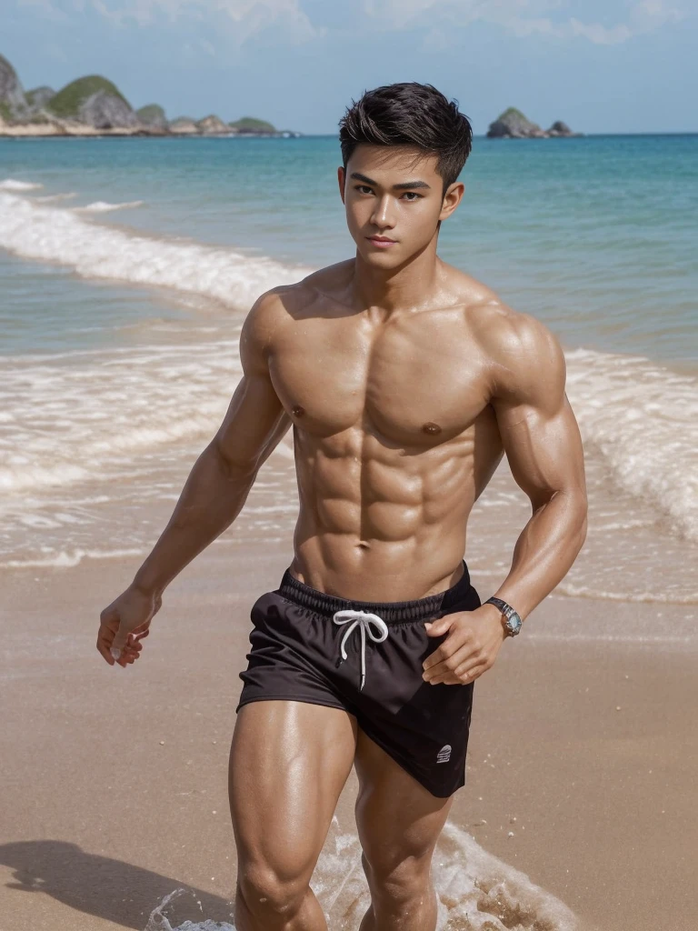 1boy, vietnamese male, a young handsome muscular boy, bodybuilder, 19 years old, ager face, virile, wearing sexy sexy dark colored swim trunks, massive bulge, visible bulge line, chiseled face, puffy chest, (puffy dark nipples), sexy and cute, messy hair, dynamic hairstyles, detailed face, detailed eyes, big eye, soft smile, playful, smug, running along the beach, golden sand,dynamic poses, confident, perfect hands, sexy and cute, realistic skin, dark skin, aesthetics, perfect hands, realistic, photorealistic, masterpiece, highest quality, perfect lightings, modern day, photoshoot, award-winning photo, by Adonisjing