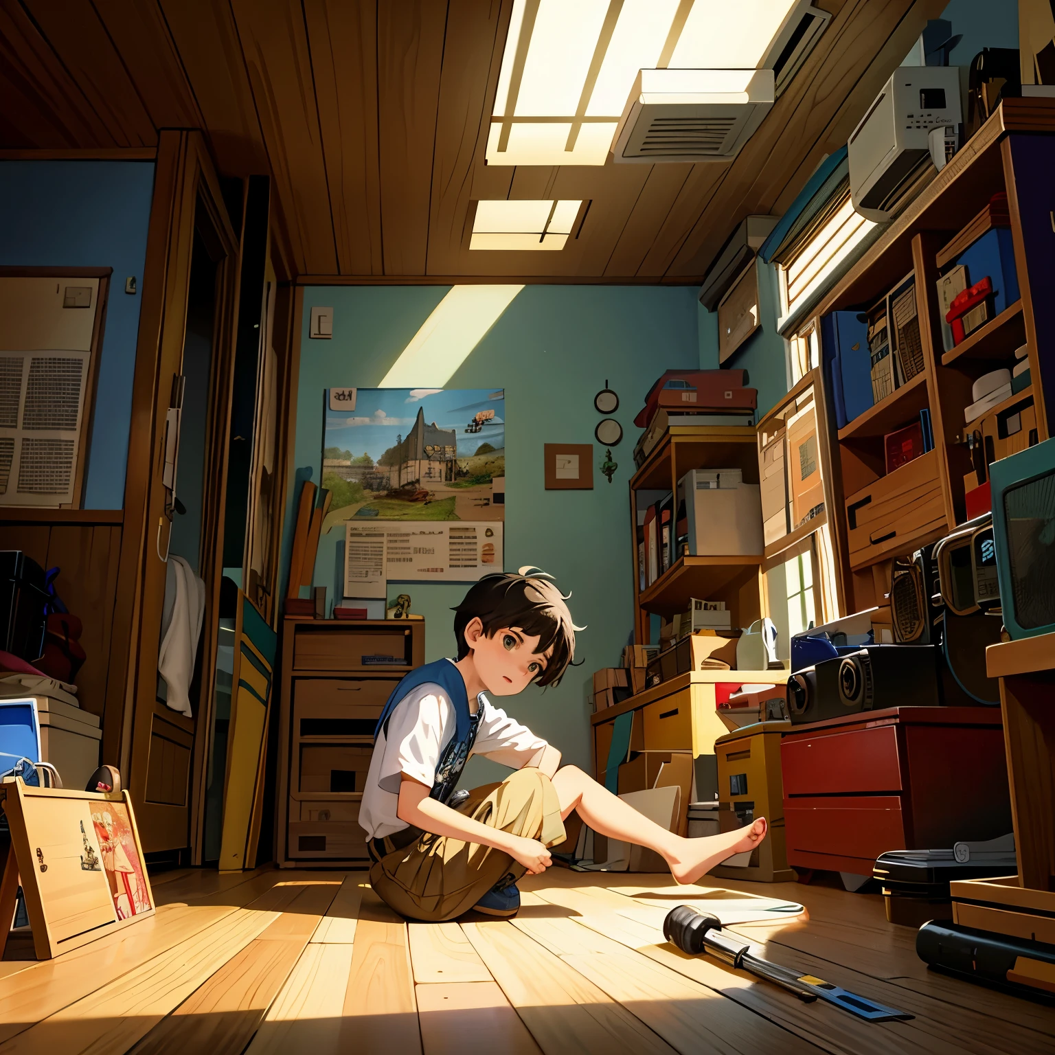 masterpiece, top quality, best quality, official art, beautiful and aesthetic, animation, A busy scene of a small, mechanical town with a boy sitting in his room, surrounded by small machines and tools, fixing something, curiosity and love for invention.