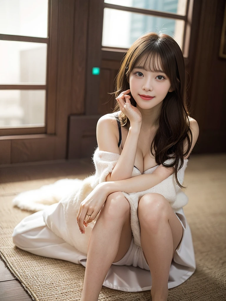 masutepiece, Best Quality, amarelo、Naughty smile、randome pose、Bruises、Illustration, Ultra-detailed, finely detail, hight resolution, 8K Wallpaper, Perfect dynamic composition, Beautiful detailed eyes, knit,Medium Hair,Natural Color Lip、Bold sexy poses,Smile,Harajuku、20 years girl、Cute、Sexy shot looking at camera、C Cup、Brown hair