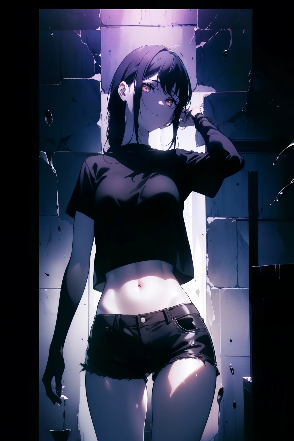 ((((Obra maestra, La mejor calidad, ultrahigh resolution)))), 1girl, happy, ((standing in a club waiting for someone)), (black t-shirt, jean shorts, black hair, long dark black hair), pale skin, ((brown eyes)), (glowing_eyes), (ultra detailed eyes:0.7, beautiful and detailed face, detailed eyes:0.9), ((centered)), ((over joyed expression)), ((wide shot)), facing viewer, (((indoor part, purple and black lights, black dancing silhouettes:0.9, rave:1))), medium breasts, looking at viewer, ((perfect hands)), (((head:1, arms, hips in view, elbows, thighs, in view))), lively eyes, beautiful lighting, outside, outdoors, background, defined subject, 25 years old, (head tilt), (((cool))), (((lively))), (((splash))), (((running hand through hair)))