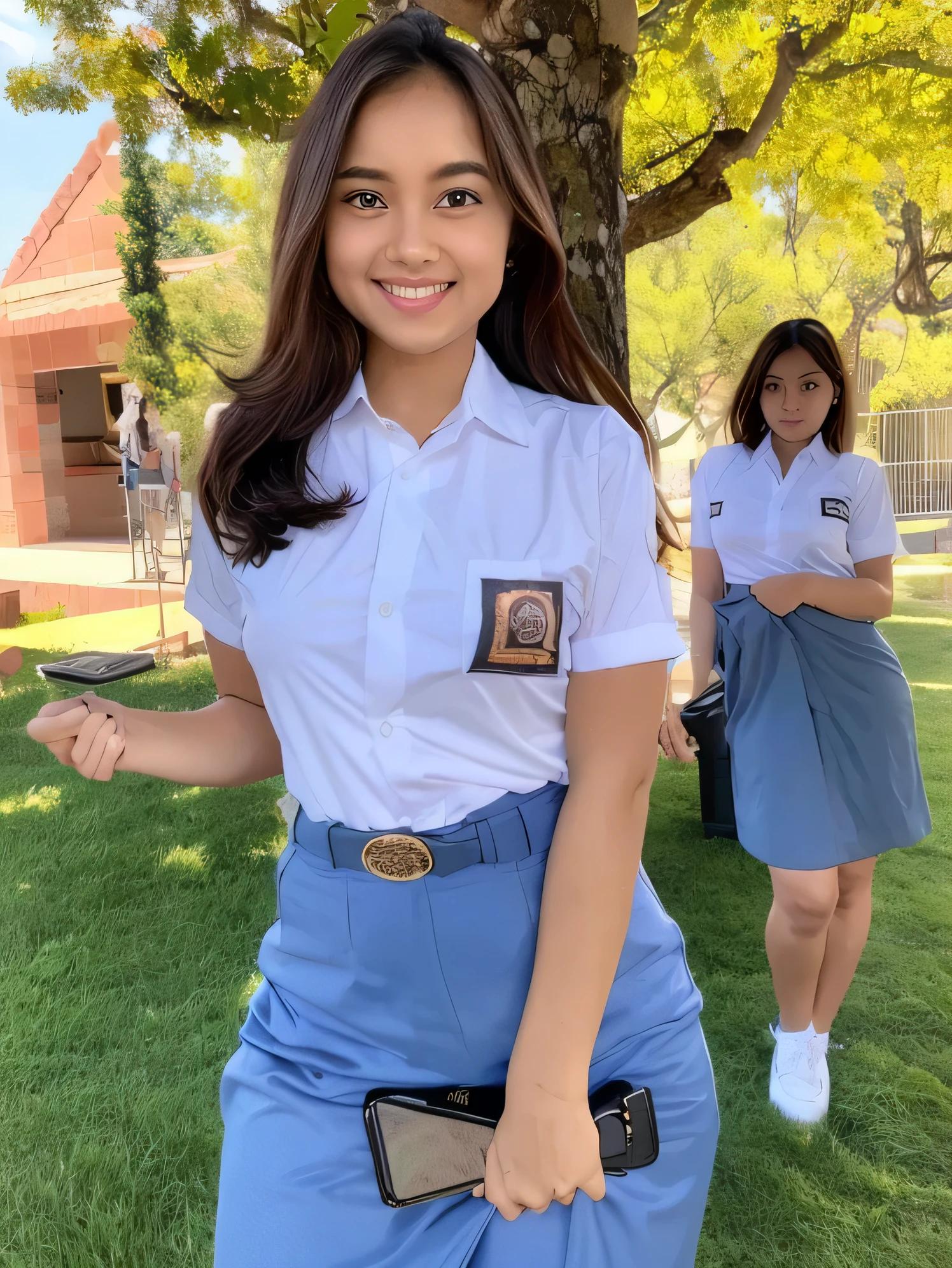 beautiful indonesian girls(realistic:1.3), insane detailed, quality, (detailed skin:1.3), (intricate details), ((half body)), (((2girl))), (((2 person))), , hair tied, smile, huge breasts, high school uniform, school badge, long skirt, belt, classroom, whiteboard, (blurred background), hair behind ear, hair over shoulder, (photorealistic:1.2), ray tracing, god rays, reflection light, backlighting, from below, dutch angle, (masterpiece:1.2), (best quality), UHD, high details, textured skin, 8k, HD