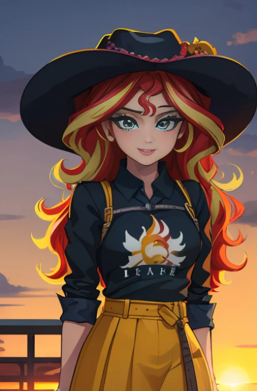 (Obra maestra, La mejor calidad:1.2), solamente, 1girl, mlpshimmer , 18yr old , ojos color turquesa, labios separados, Mirando al espectador , linda sonrisa , manos en la cintura , fondo variado, mlp , Sunset Shimmer , viste ropa de vaquero , usa sombrero negro , camisa negra , falda color cafe , botas largas vaqueras , lindo maquillaje