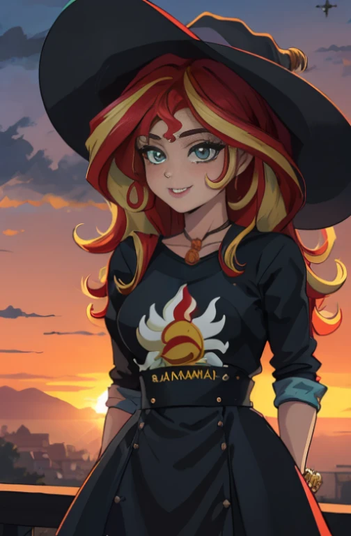(Obra maestra, La mejor calidad:1.2), solamente, 1girl, mlpshimmer , 18yr old , ojos color turquesa, labios separados, Mirando al espectador , linda sonrisa , manos en la cintura , fondo variado, mlp , Sunset Shimmer , viste ropa de vaquero , usa sombrero negro , camisa negra , falda color cafe , botas largas vaqueras , lindo maquillaje