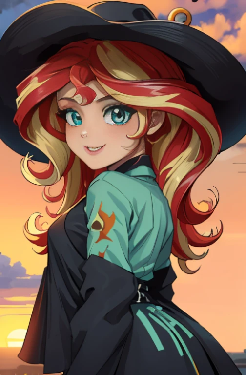 (Obra maestra, La mejor calidad:1.2), solamente, 1girl, mlpshimmer , 18yr old , ojos color turquesa, labios separados, Mirando al espectador , linda sonrisa , manos en la cintura , fondo variado, mlp , Sunset Shimmer , viste ropa de vaquero , usa sombrero negro , camisa negra , falda color cafe , botas largas vaqueras , lindo maquillaje