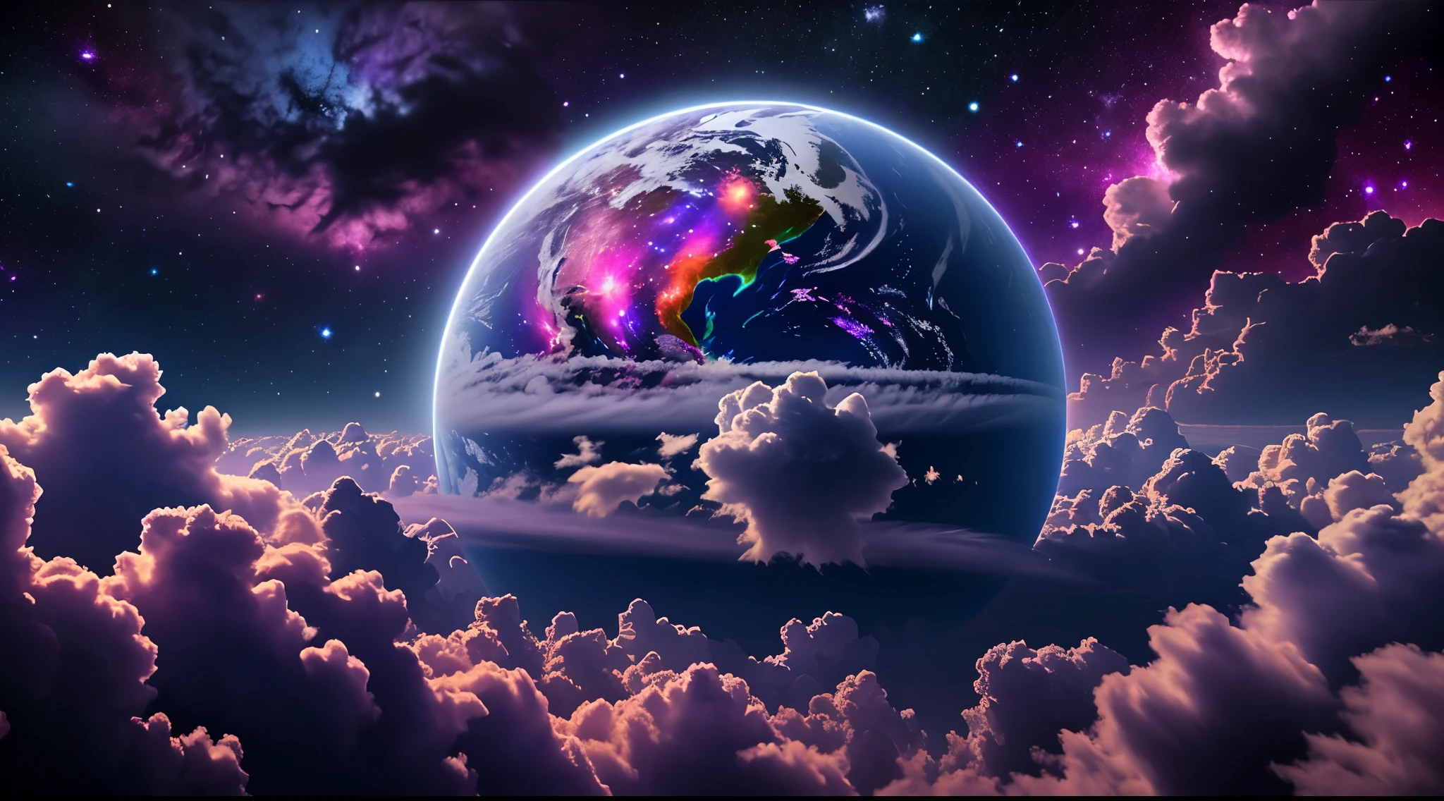 wide shot from space, the planet earth is being enveloped by dense purple clouds, uhd, 4k, extreme detail, clouds flowing, planet spins slowly, cosmic energy in clouds