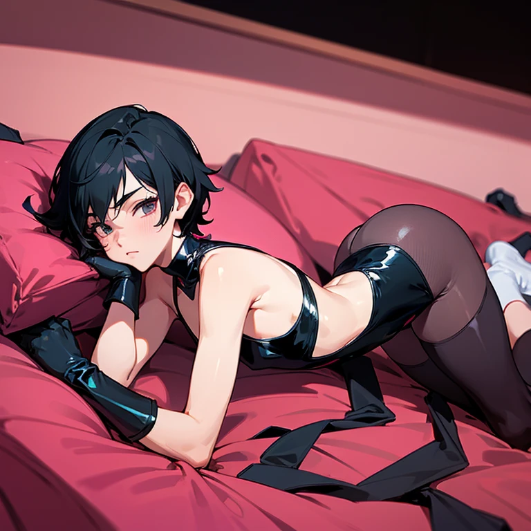 Boy, male, short black hair, flat chest, feminine, pink stockings, bulge, black sleeveless leotard, black long gloves, lying on red bed.