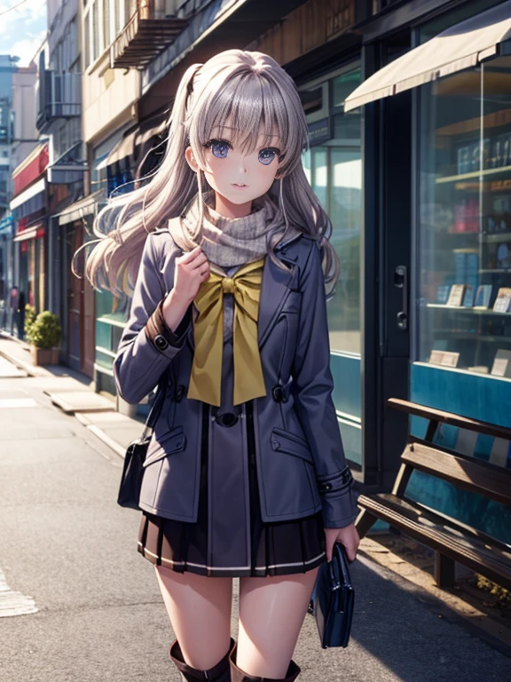 8k picture,best qualtiy，hight resolution、Tomori、a park、Standing、the Extremely Detailed CG Unity 8K Wallpapers、Nao Tomori、Anime girl with silver hair and purple eyes、Silver hair，Dark purple long coat with clear eyes，muffler，green long sweater，a miniskirt，knee high socks short boots，In the street，Cold sky，Winters，Yuki