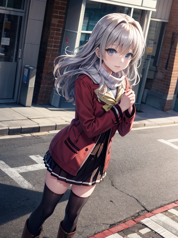 8k picture,best qualtiy，hight resolution、Tomori、a park、Standing、the Extremely Detailed CG Unity 8K Wallpapers、Nao Tomori、Anime girl with silver hair and purple eyes、Silver hair，Dark purple long coat with clear eyes，muffler，green long sweater，a miniskirt，knee high socks short boots，In the street，Cold sky，Winters，Yuki