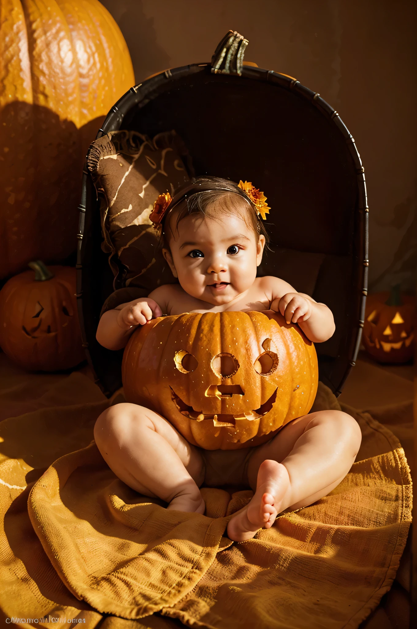 Generate a realistic photograph of a 4--old b, their body inside a pumpkin, with the head, arms, and feet protruding. The background should display many pumpkins adorning the place with autumn colors. The desired perspective is general to show the baby and the ounding pumpkins. Use a digital single-lens reflex camera (DSLR) with high-contrast color film. The preferred lens is macro to highlight the texture of the pumpkin. The lateral lighting should create textures and highlight contours