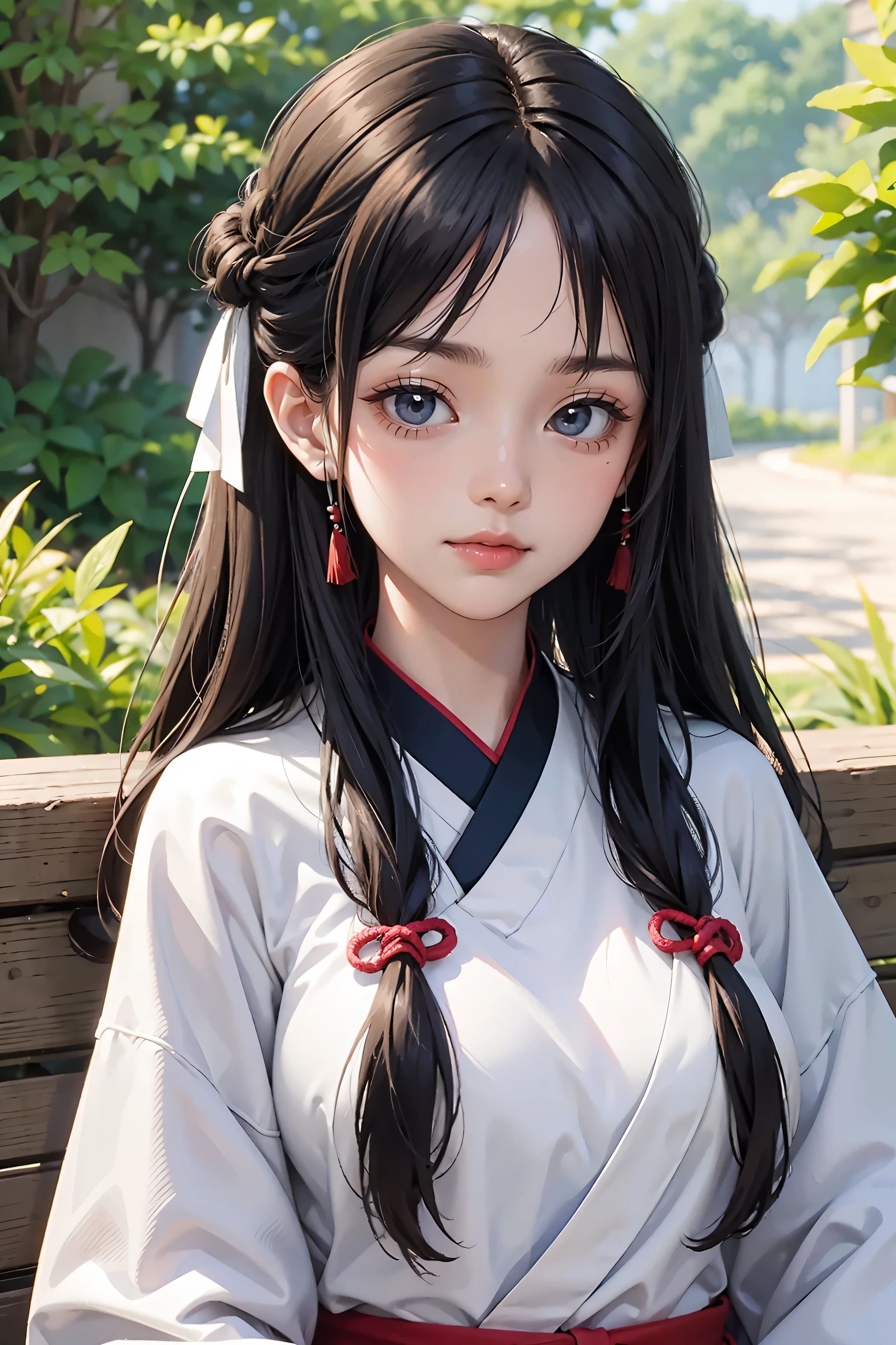 Anime girl with long black hair sitting on a bench - SeaArt AI