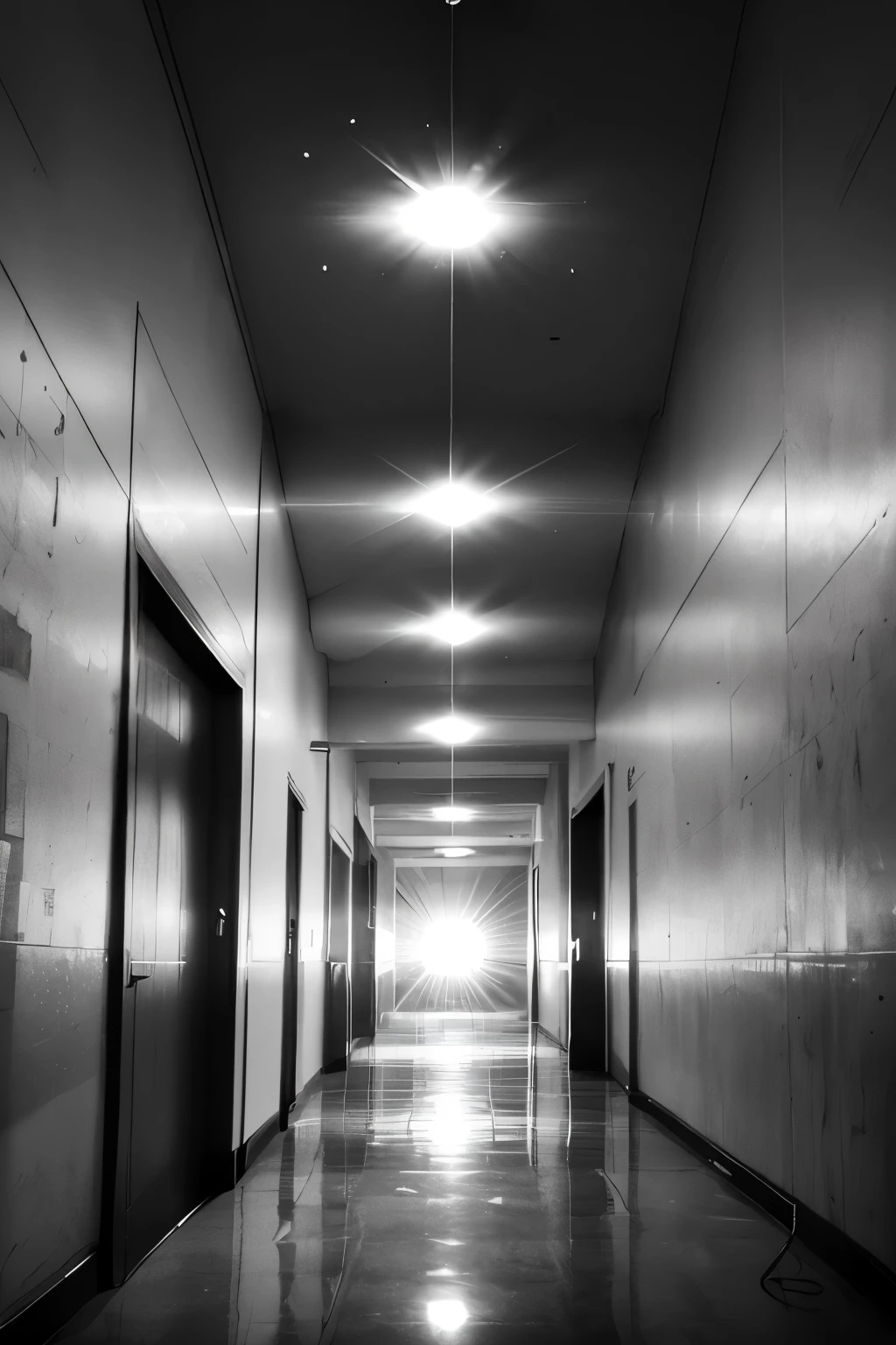 Corredor de hospital vazio. Lamps blink, while papers fly through the air. Hospital abandonado. Monochrome watercolor style (tons de cinza) e bico de pena com nanquim.