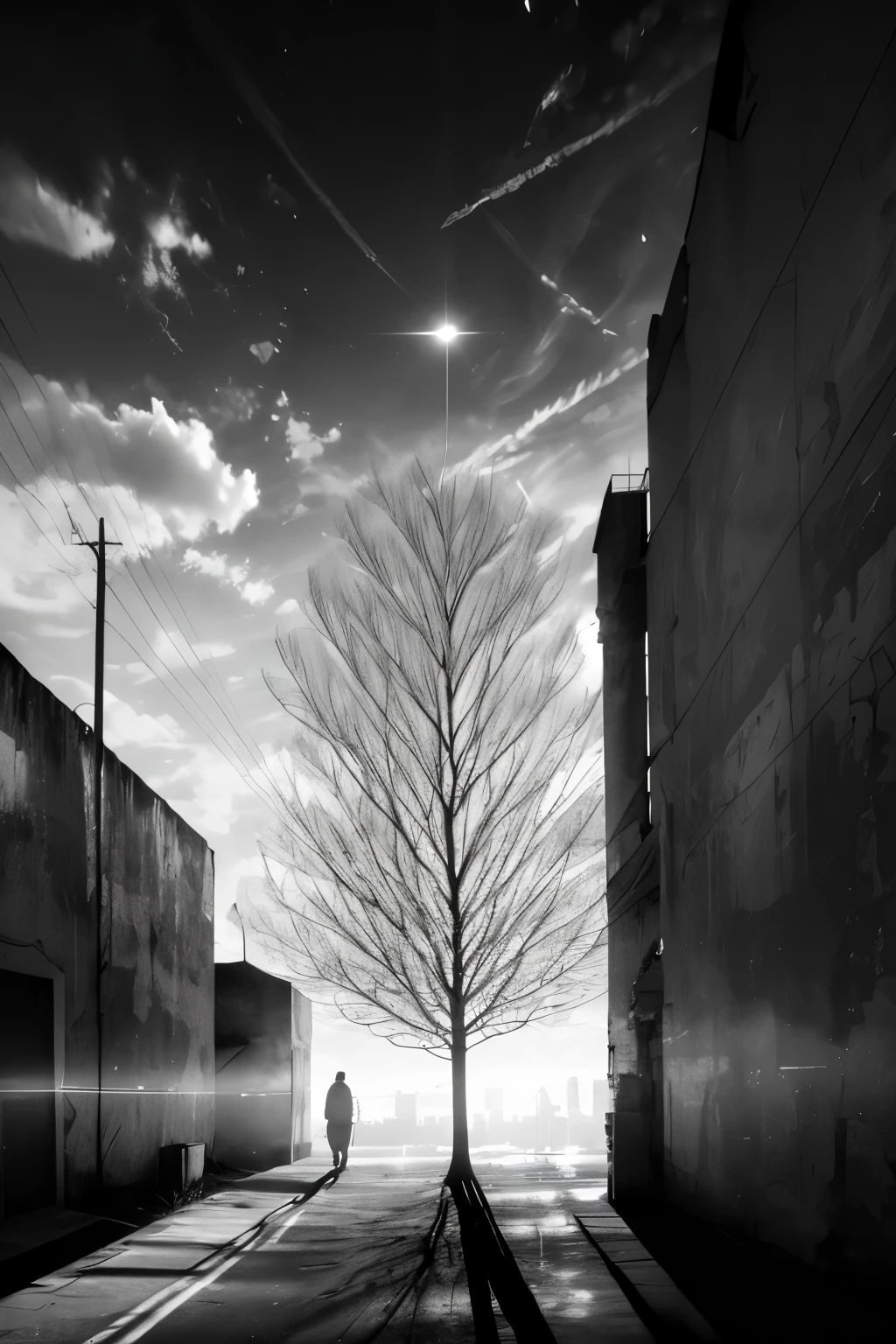 Beco escuro, cheio de postes. Only the shadow of a lone tree is seen in the background. Monochrome watercolor style (tons de cinza) e bico de pena com nanquim.