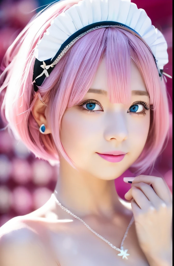 (((3girls, white stockings, necklace, hair ornament, maid headdress, all nude, all naked, nsfw, 8k, beautiful face, smile))), ((((Rem, Rem from re:zero, skyblue hair, short hear, hair over eye, skyblue eyes)))), ((Emilia, Emilia from re:zero, silver hair, purple eyes)), ((Ram, Ram from re:zero, pink hair, short hear, hair over eye, pink eyes)), ((enako, iori moe, xidaidai)), photorealistic, enako
