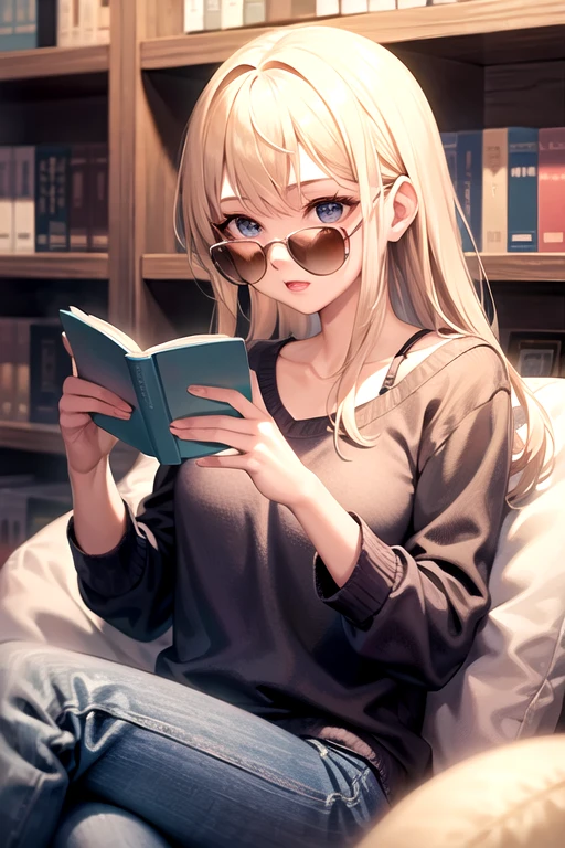 blonder woman, reading a book, wearing glasses, and in a black swimsuit