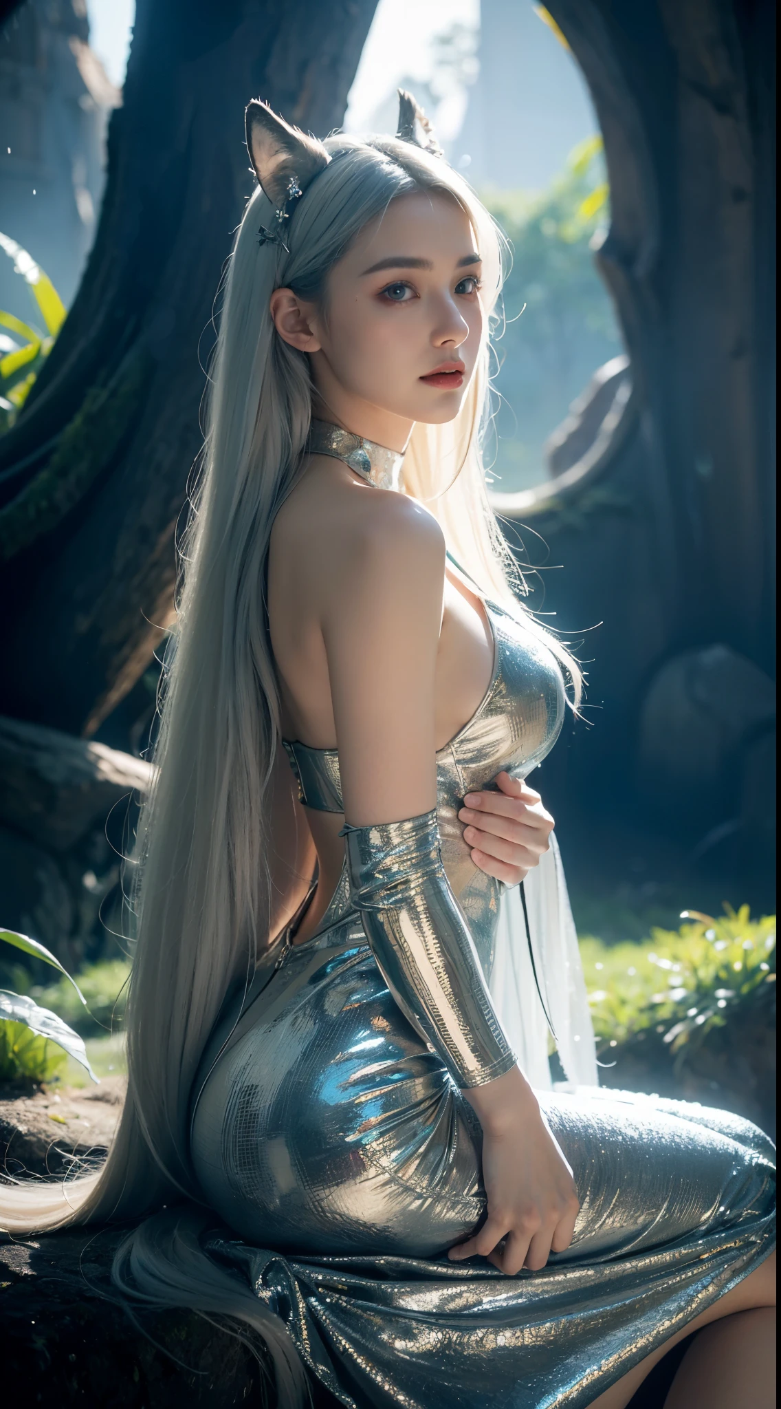 A professional photo, Set in a fascinating fantasy kingdom. At the center of this realm is a 19-year-old girl, noble beauty,Soft silver hair shines like stars.. her pale hands, Capture exquisite details, Not only visually striking,and is filled with narratives about her demonic legacy., exuding a pure joy,a joy deeply rooted in the mysterious bond they share. The scene is bathed in brilliant natural light,not only illuminate,also enhances the surreal elements of this otherworldly environment. Light shines through her hair, dance around her horns, and cast a noble light upon her fearsome wolf companion., Vibrant and fantastic background.