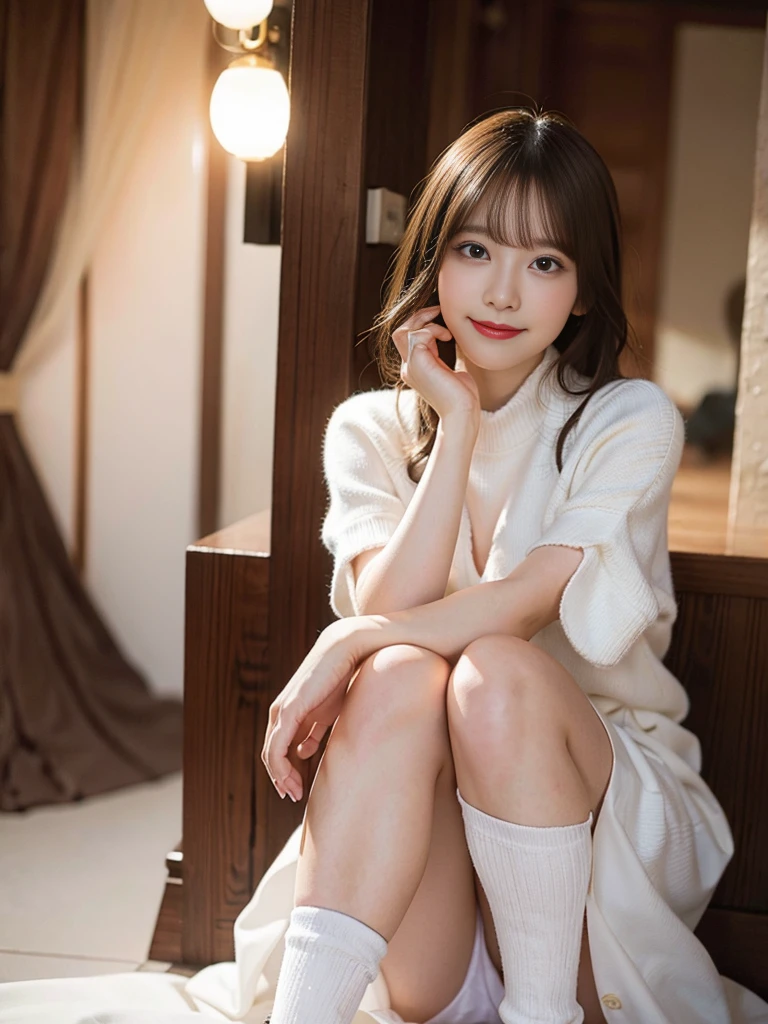 masutepiece, Best Quality、Naughty smile、randome pose、Bruises、Illustration, Ultra-detailed, finely detail, hight resolution, 8K Wallpaper, Perfect dynamic composition, Beautiful detailed eyes, knit,Medium Hair,Natural Color Lip、Bold sexy poses,Smile,Harajuku、20 years girl、Cute、Sexy shot looking at camera、D cup brown hair