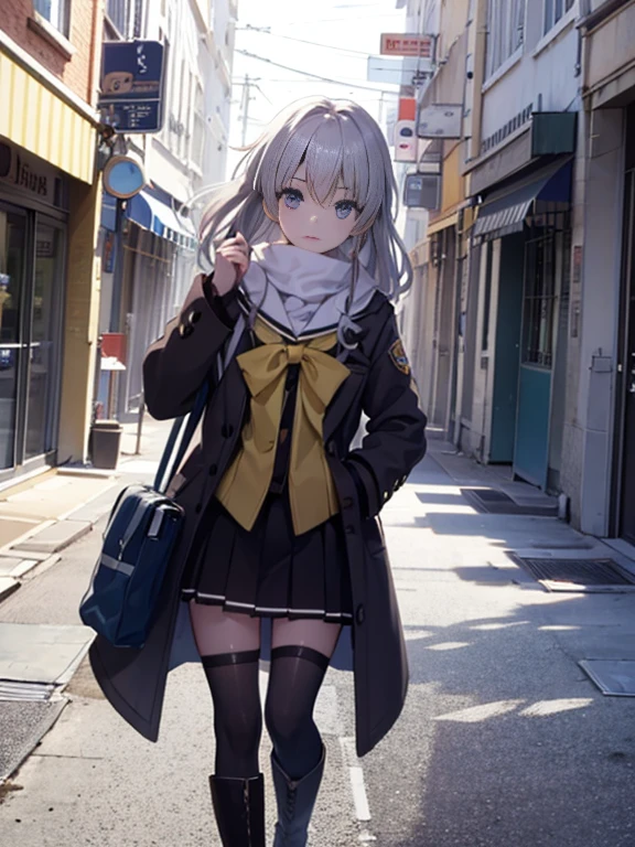 8k picture,best qualtiy，hight resolution、Tomori、a park、Standing、the Extremely Detailed CG Unity 8K Wallpapers、Nao Tomori、Anime girl with silver hair and purple eyes、Silver hair，Dark purple long coat with clear eyes，muffler，green long sweater，a miniskirt，knee high socks short boots，In the street，Cold sky，Winters，Yuki