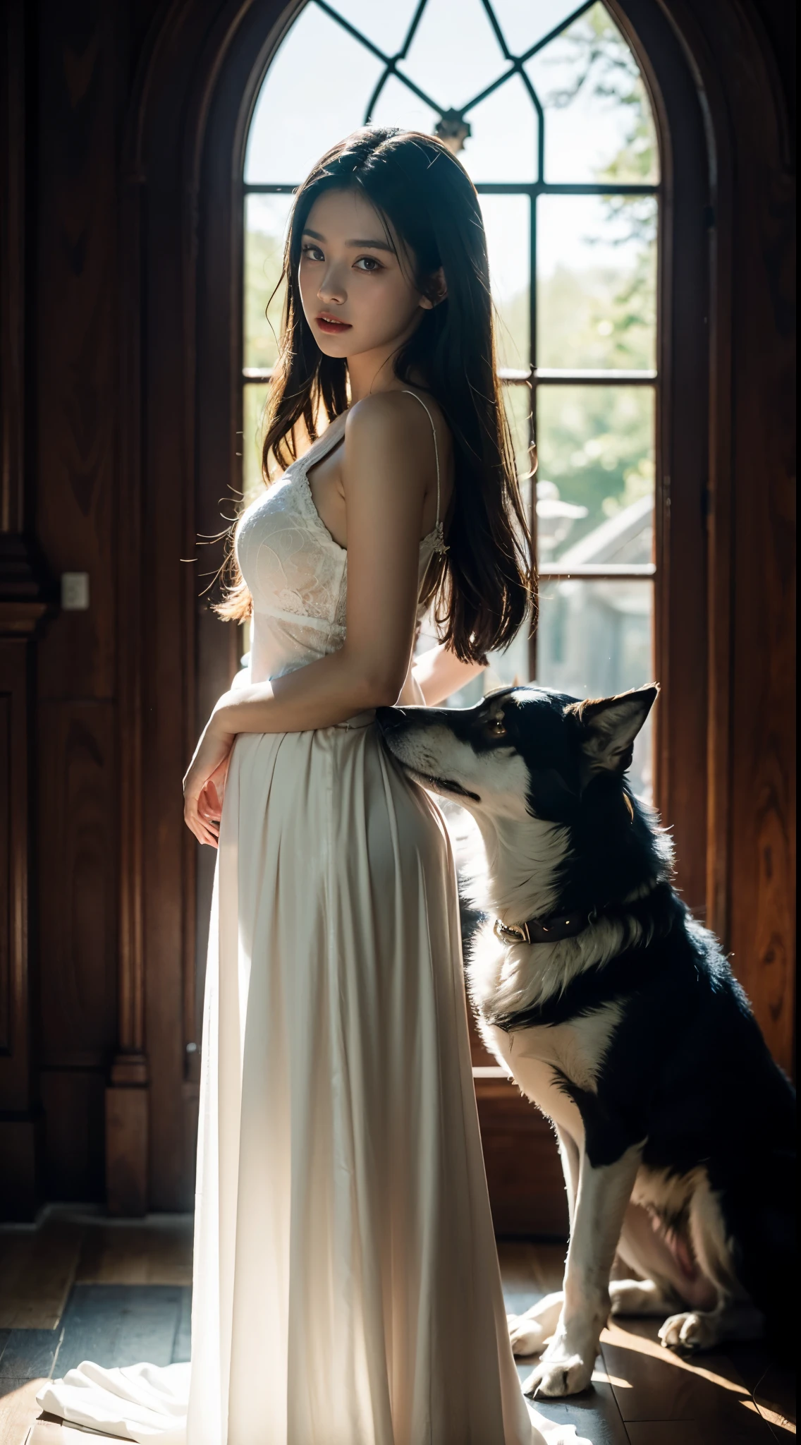 A professional photograph, set against the backdrop of a spellbinding fantasy realm. At the heart of this realm is a 19-year-old girl, sublime beauty with cascading soft silver hair that glimmers like strands of starlight.. Her pale hands, captured in exquisite detail, are not just visually striking but are also imbued with the narrative of her demonic heritage, each line and curve a whisper of her ancient lineage. By her side stands a majestic, enigmatic giant wolf, a noble companion whose presence complements her own formidable essence. Their bond transcends the ordinary, radiating a joy that is both pure and deeply rooted in their shared mystical bond. The scene is bathed in a resplendent natural light that not only illuminates but also enhances the surreal elements of this otherworldly setting. The light weaves through her hair, dances around her horns, and casts a noble glow on her scary giant wolf companion, against a backdrop that is vibrant and dreamlike.