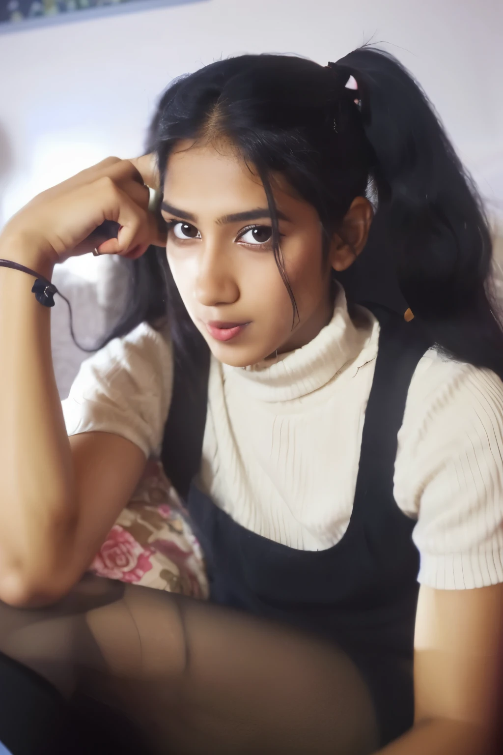 there is a young woman sitting on a couch with her hair in ponytails, with long hair, girl portrait, indian girl with brown skin, with long dark hair, very very low quality picture, low quality photograph, around 1 , with black pigtails, with long black hair, androgynous person, with black hair, girl with black hair