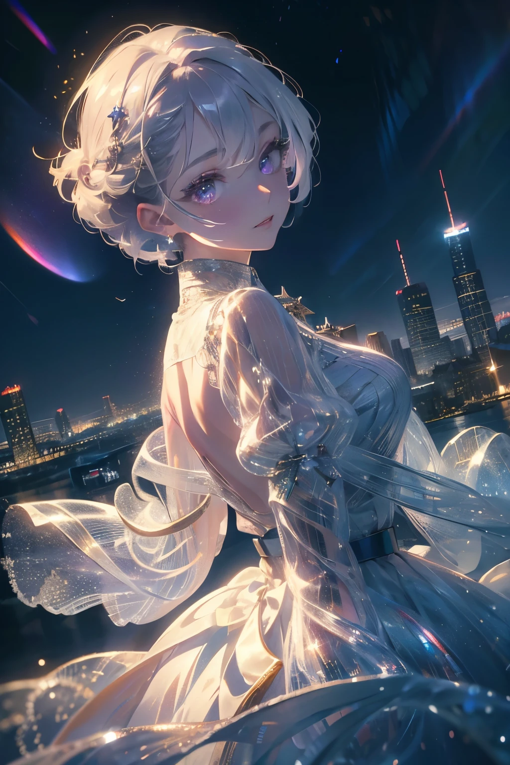 ((​masterpiece,hight resolution,8K picture quality,top-quality)),1girl in,((extra detailed face)),femele,Delicate eyes,((Purple eyes)),((hairstyle on:Very short,White hair)),lensflare,Dramatic makeup,look back and smile,Natural complexion,large full breasts,Diffuse reflection of light(colourfull:1.5),aurora night sky,Star-filled sky,City of Snow,Night illumination,City of buildings at night seen from a high place,