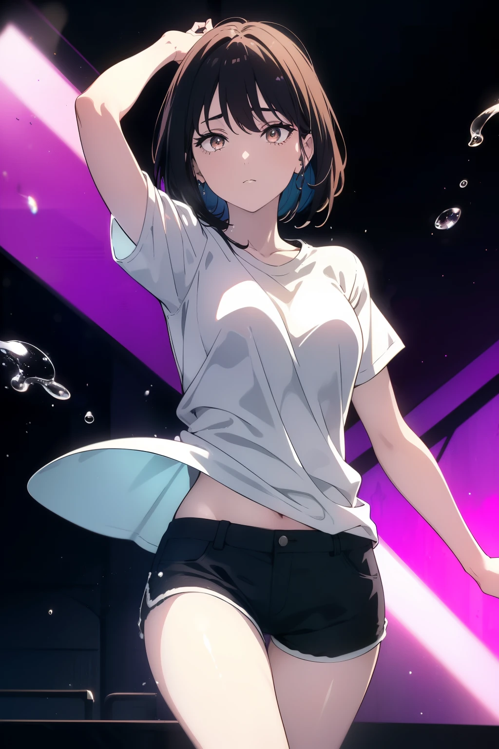 ((((Obra maestra, La mejor calidad, ultrahigh resolution)))), 1girl, happy, ((standing in a club waiting for someone)), (black t-shirt, jean shorts, black hair, long dark black hair), pale skin, ((brown eyes)), (glowing_eyes), (ultra detailed eyes:0.7, beautiful and detailed face, detailed eyes:0.9), ((centered)), ((over joyed expression)), ((wide shot)), facing viewer, (((indoor part, purple and black lights, black dancing silhouettes:0.9, rave:1))), medium breasts, looking at viewer, ((perfect hands)), (((head:1, arms, hips in view, elbows, thighs, in view))), lively eyes, beautiful lighting, outside, outdoors, background, defined subject, 25 years old, (head tilt), (((cool gaze))), (((lively))), (((splash))), (((running hand through hair)))