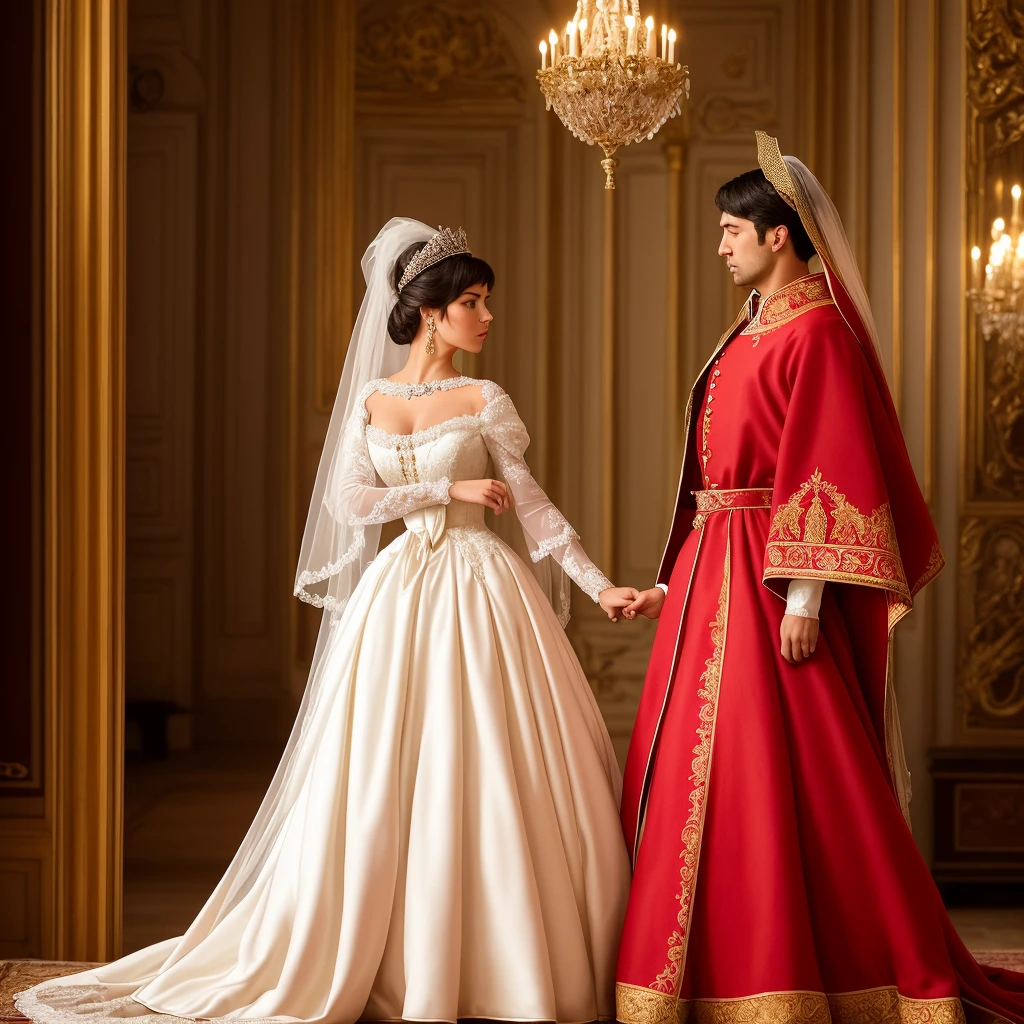 French-German image of bride and groom standing on red carpet, royal robe, white royal robe, Wear a gorgeous dress, Kramskoy 4 K, royal wedding, royal robe, aristocratic appearance, author:Roman Bezpalkov, ornate royal robe, Wearing a luxurious royal cloak, both wearing victorian clothes, biopic, Nostalgia for fairy tales