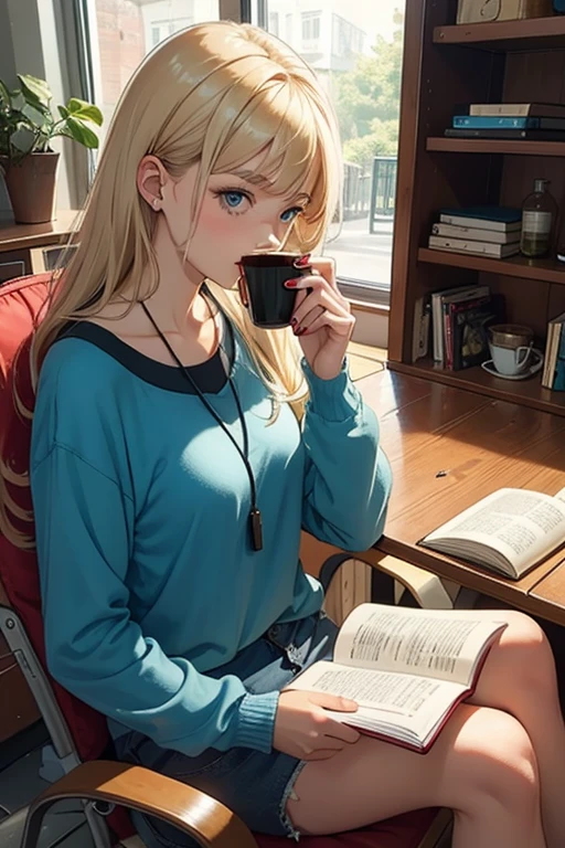 Blonde girl, Reading a book, drink Coffee,