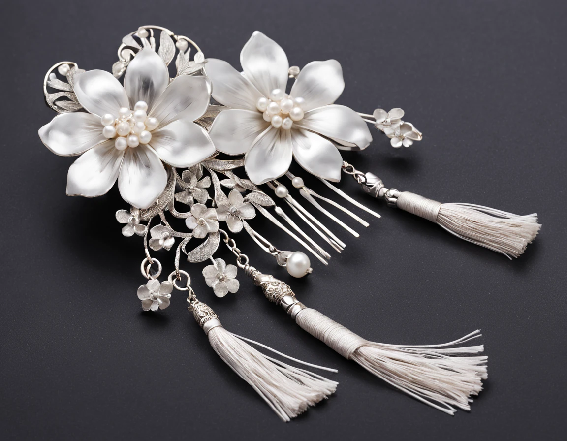 a silver chinese-style hair brooch with tassel, the brooch has flowers on its tip, the tassels are made of pearls