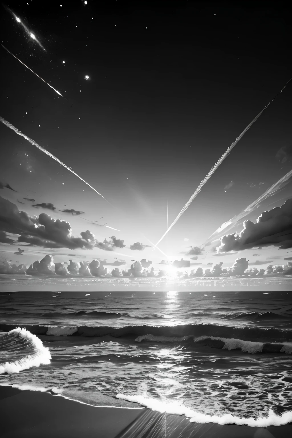 Trilha de pedras e folhas secas, numa praia deserta, on a lonely island in the Atlantic. O mar, infinito, ao redor. Monochrome watercolor style (tons de cinza) e bico de pena com nanquim.