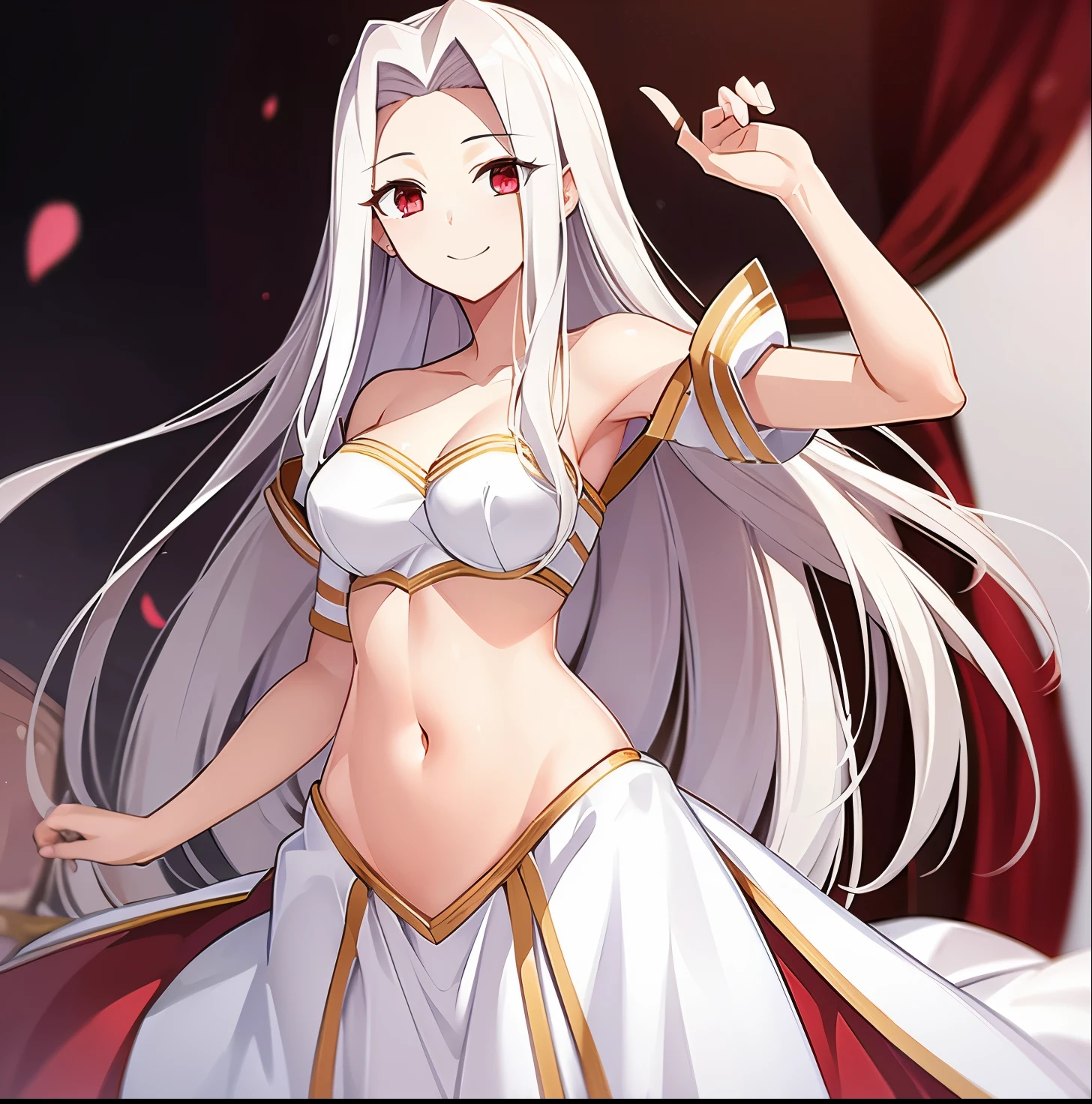 masterpiece, best quality, absurdres, perfect anatomy, 1girl, solo, Irisviel von Einzbern, long hair, IrisvielCaster, white dress, navel, bare shoulders, detached sleeves, crown, stomach tattoo, cowboy shot, standing, smile,milf,adult,red eyes,