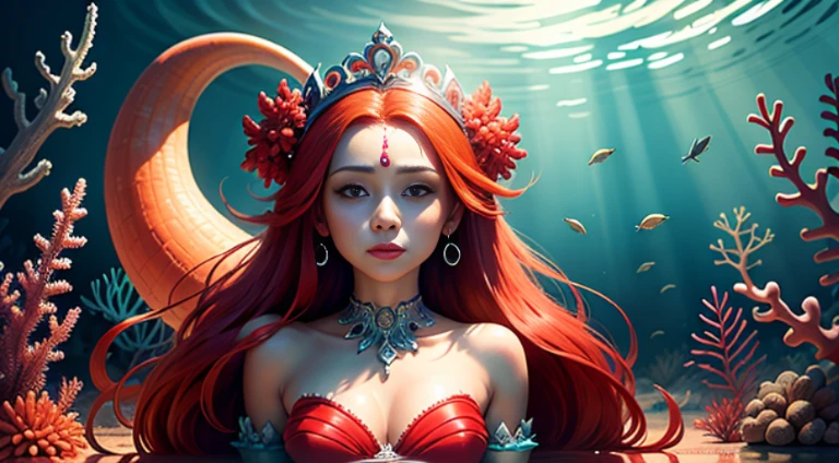 best quality, High_resolution, diferente_imagem, Antecedentes detalhados ,sereia、deep underwater、seios, no-bra, recife de coral, tiara on head, red hair