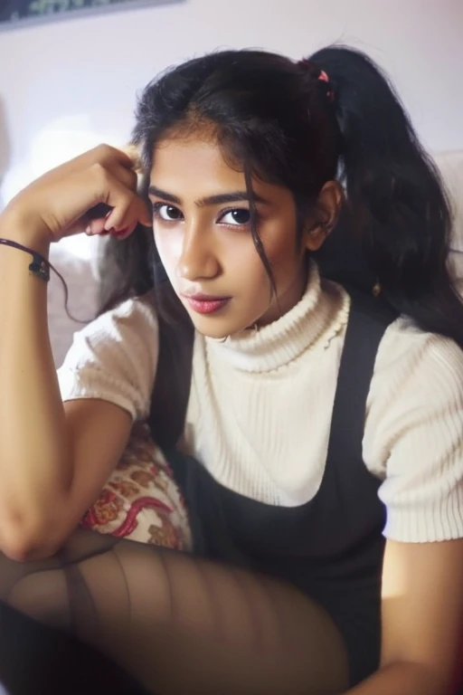 There is a young woman sitting on a sofa with her hair in a ponytail, con el pelo largo, girl portrait, indian girl with brown skin, con cabello largo y oscuro, imagen de muy muy muy baja calidad, low quality photograph, around 1 9 years old, con coletas negras, con cabello largo y negro, androgynous person, con cabello negro, girl con cabello negros, latin factions, latin girl, latina, south american