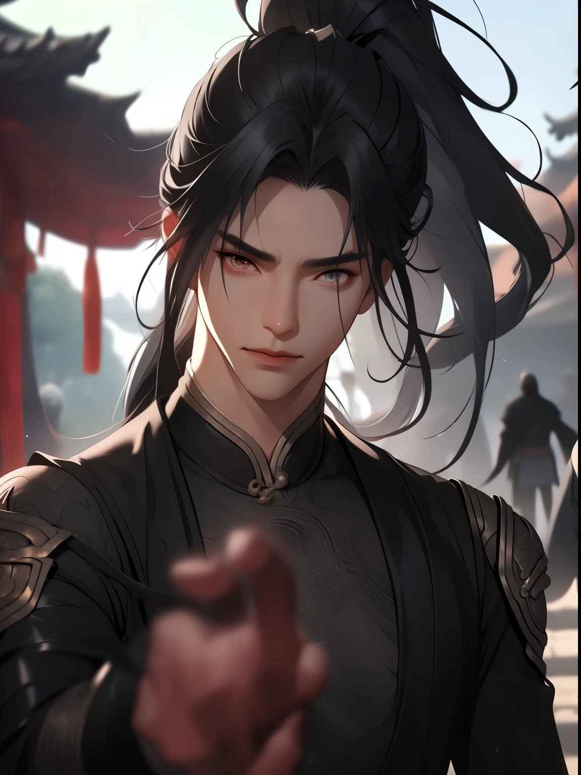 xianxia, 1 boy, malefocus, Alone, black hair color hair, Long gray hair, looking at viewert, sporty attire, pony tails, bblurry, shut up, bblurry background, 黑The eye