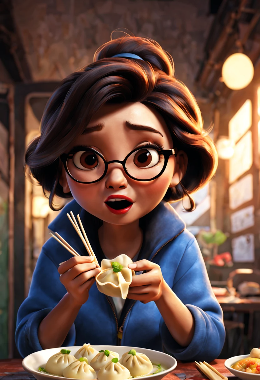 Pixar style, eating dumplings