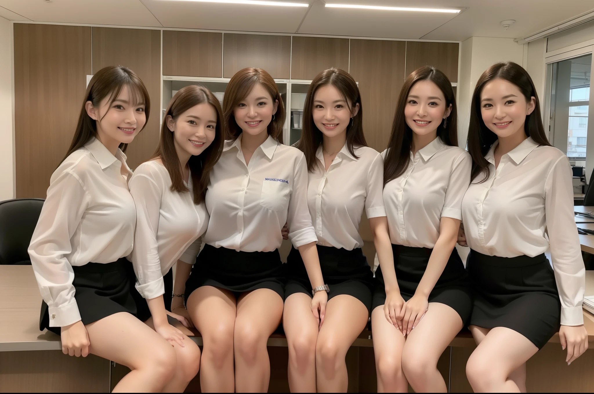 ((Best Quality, 8k, Masterpiecedetails, ultra-high resolution)), (group picture)(looking at the viewer), (full shot:), attractive business 5 milfs, 5 people, a bit chubby:0.25, white collared shirt, grey skirt, (sitting with cross legs on office desks)), smile, office of CEO,