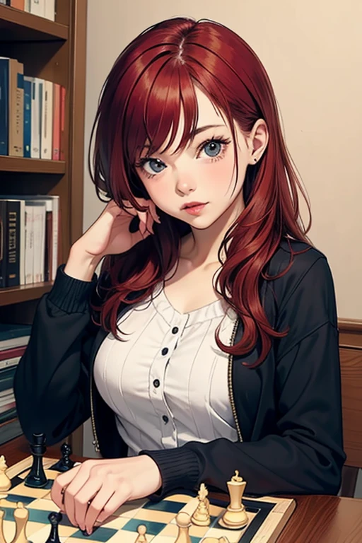 Redhead girl, play chess