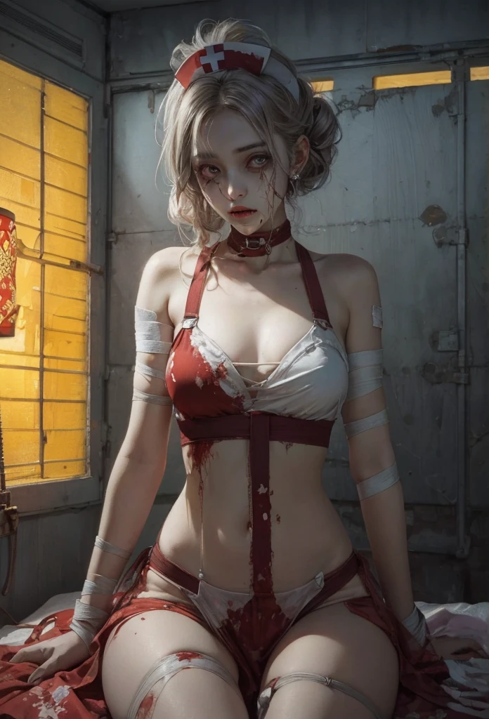 (Detailed illustrations,Very detailed and detailed drawing,Delicate lines with slow and rapid,Realistic texture expression),[Color tressed main line],Inorganic concrete room[Night Hospital],(Japan adult female[28 year old](Zombie Nurse))Hair put together [SKINNY((Small breasts))][pale skin](sickly look),([bandaged]Bondage Fashion),[[Return blood]],(Fine and beautiful skin expression [Transparency]),[完璧な目のdetaileds (Iris beautifully drawn in every detail)[Jewel-like eyes]],[long and beautiful eyelashes],[Meticulously drawn hair],(完璧な手のdetaileds [Beautiful fingers without breakdowns [Beautiful nails]]),(Perfect Anatomy(Perfectly proportioned))[[Full body like]],[Ideal color coordination(Accurate simulation of light-material interactions)],([Precision Detail](detaileds,high-detail)),[[Pale and gentle colors]][Visual art that conveys a sense of narrative] [[Eros in the Natural Body]].