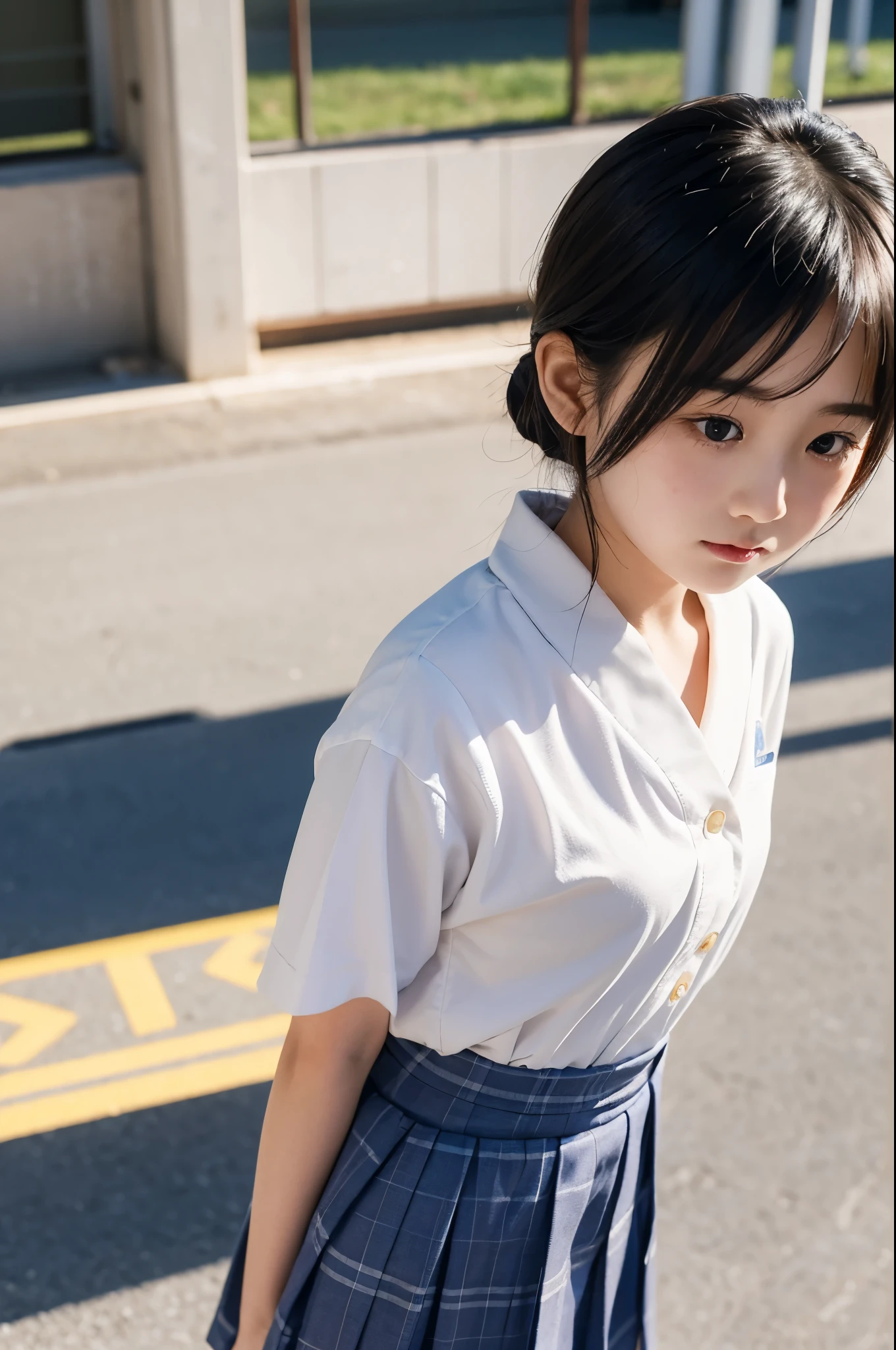 (Tabletop, highest quality:1.2), 8k, Official Art, Full body photo, Esbian all over、Back Angle、looked back、Cute ass、suit、Embarrassing black hair、14 years、small 、close your eyes、Deep sorrow、sorrow、Looking up at the sky、shout、 unbelievably ridiculous, (Upper Body, Dark blue polo shirt:1.4), beautiful girl, Pretty face, lean back, Cute Panties、Gold ornament in hair、Cute short sleeve high  for girls、close, Wearing a girls' high , Short sleeve, Gardenia, Violet, Teen, street, View Viewer, Film Grain, chromatic aberration, Sharp focus, Face Light, Dynamic Lighting,, Eye and facial details, Light blue wall, (tie、1:1.2)