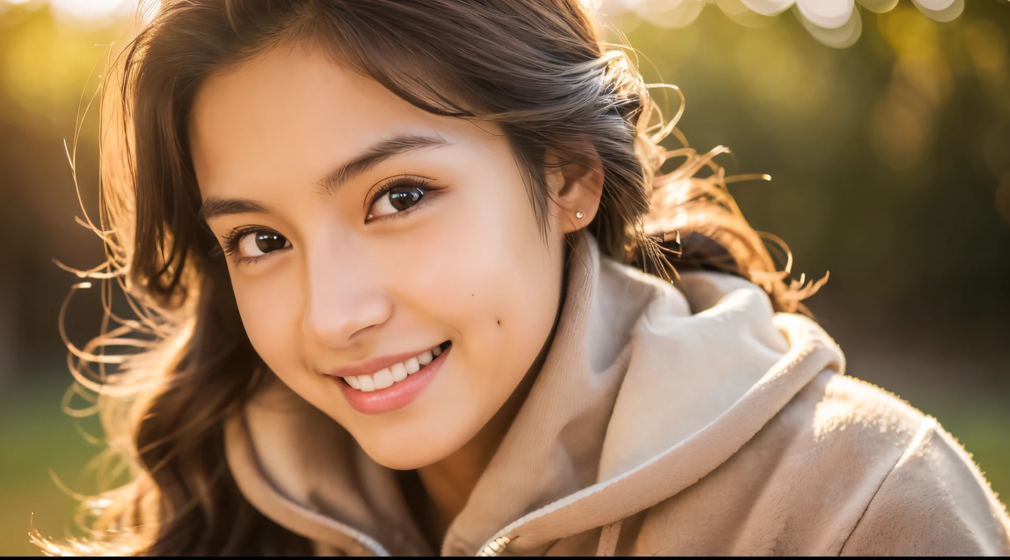 (masterpiece, best quality:1.4), (8k, raw photo, photo realistic:1.2), (shiny skin), detailed skin, detailed face, detailed eyes, 8k portrait, smiling Japanese woman, 25 years old, Brown eyes , (), Brown sweatpants and hoodies, Brown Long curl hair, picnic, stare into the distance, full body, Sun light