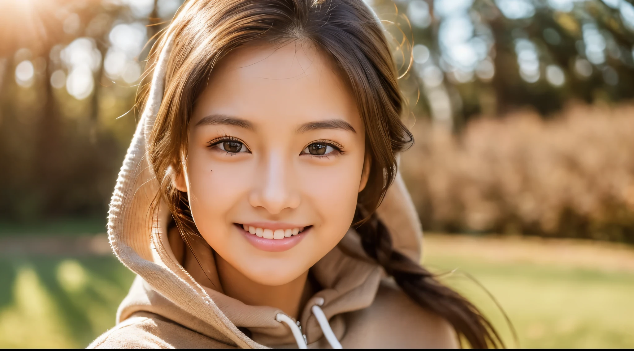 (masterpiece, best quality:1.4), (8k, raw photo, photo realistic:1.2), (shiny skin), detailed skin, detailed face, detailed eyes, 8k portrait, smiling Japanese woman, 25 years old, Brown eyes , (), Brown sweatpants and hoodies, Brown Long curl hair, picnic, stare into the distance, full body, Sun light