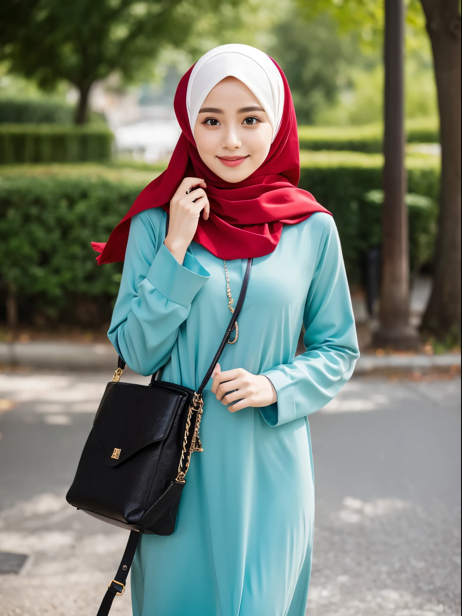 A beautiful Malaysian hijab girl, wearing a spectacle, with a beautiful blouse and a skirt, holding a cute black slingbag and wearing a pair of high cut white converse beside the sea.