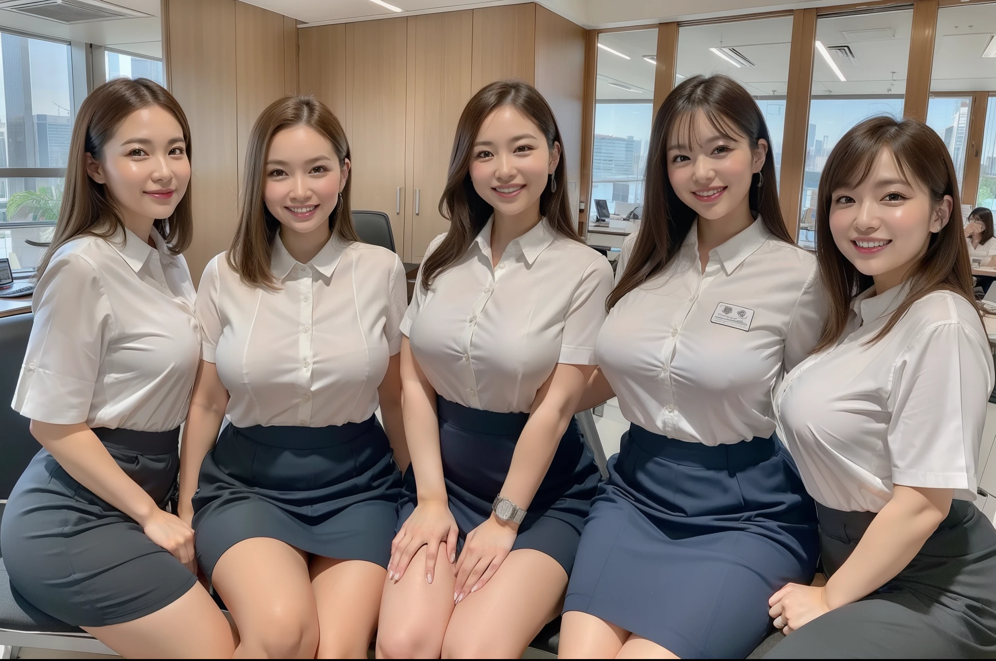 ((Best Quality, 8k, Masterpiecedetails, ultra-high resolution)), (group picture)(looking at the viewer), (full shot:), attractive business 5 milfs, 5 people, a bit chubby:0.25, plump thigh, white collared shirt, grey skirt, (sitting with cross legs on office desks)), smile, office of CEO,