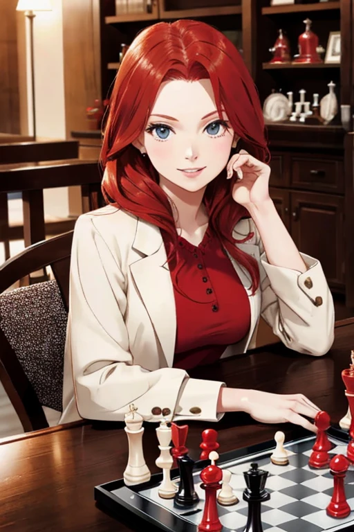 Redhead girl, play chess