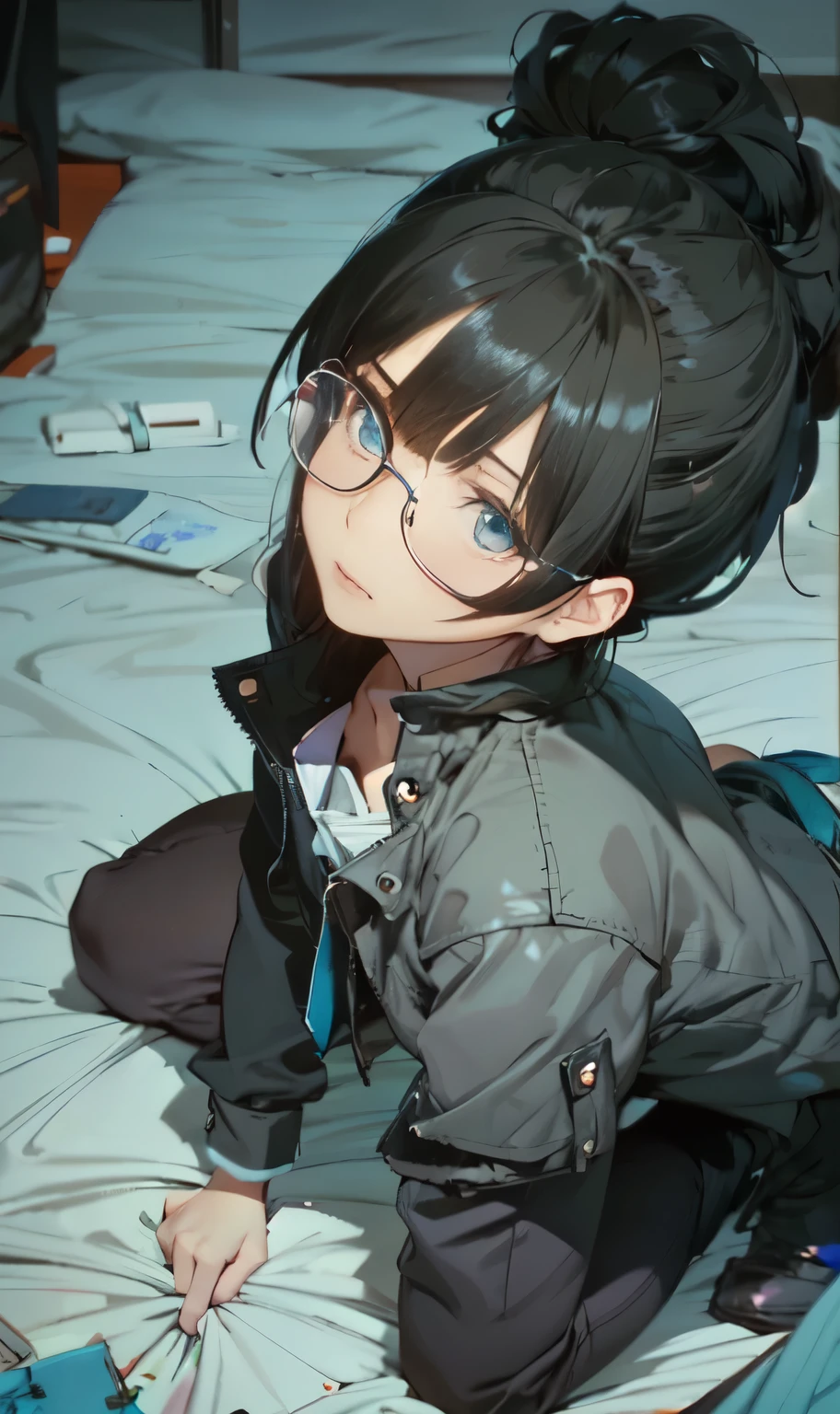 A dark-haired、blunt bangs、bob cuts、monochromes、grayscales、Onepiece、dishevled hair、slovenly、Cross-eyed、Drunk、Turned、( Silly / Sexual ecstasy)、Turned、eye glass、top-quality, Photorealistic, An ultra-fine illustrations, beautiful attractive anime girl, miku hatsune, Slender body, Tied hair, one girls, a photo of girl, Full body shot, Beautiful blue eyes, Turned,
