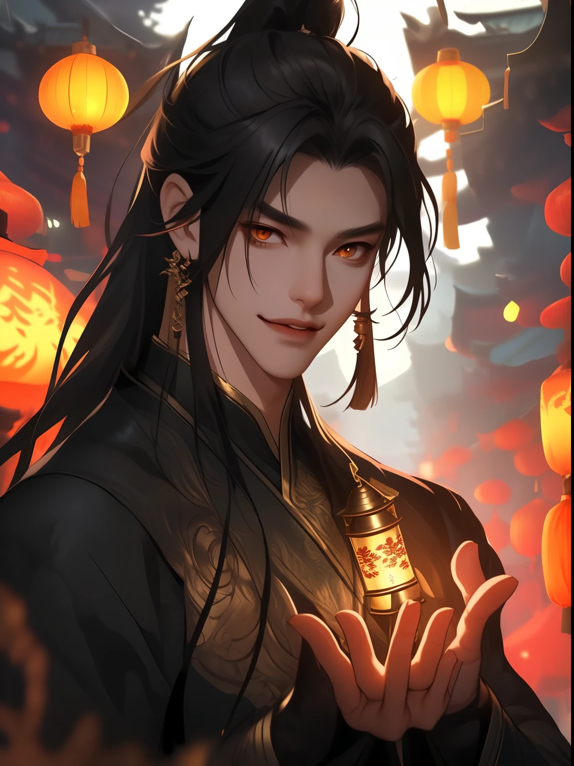 ffxianxiaff, male focus, 1boy, chinese clothes, earrings, jewelry, long hair, black hair, looking at viewer, smile, long sleeves, lantern, tassel earrings, upper body,  lantern, orange eyes, bangs, outdoors, solo focus, ponytail, hair between eyes, blurry, east asian architecture, tassel, architecture, hair over one eye, parted lips