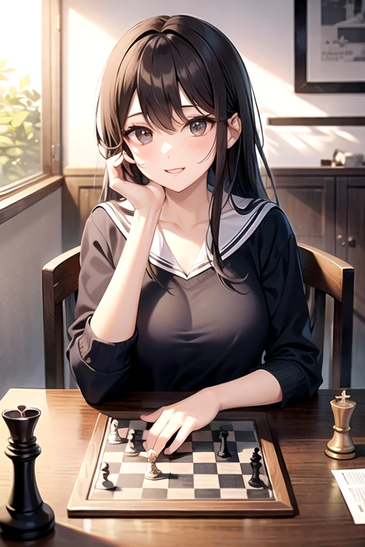 Greenhead girl, glass, play chess