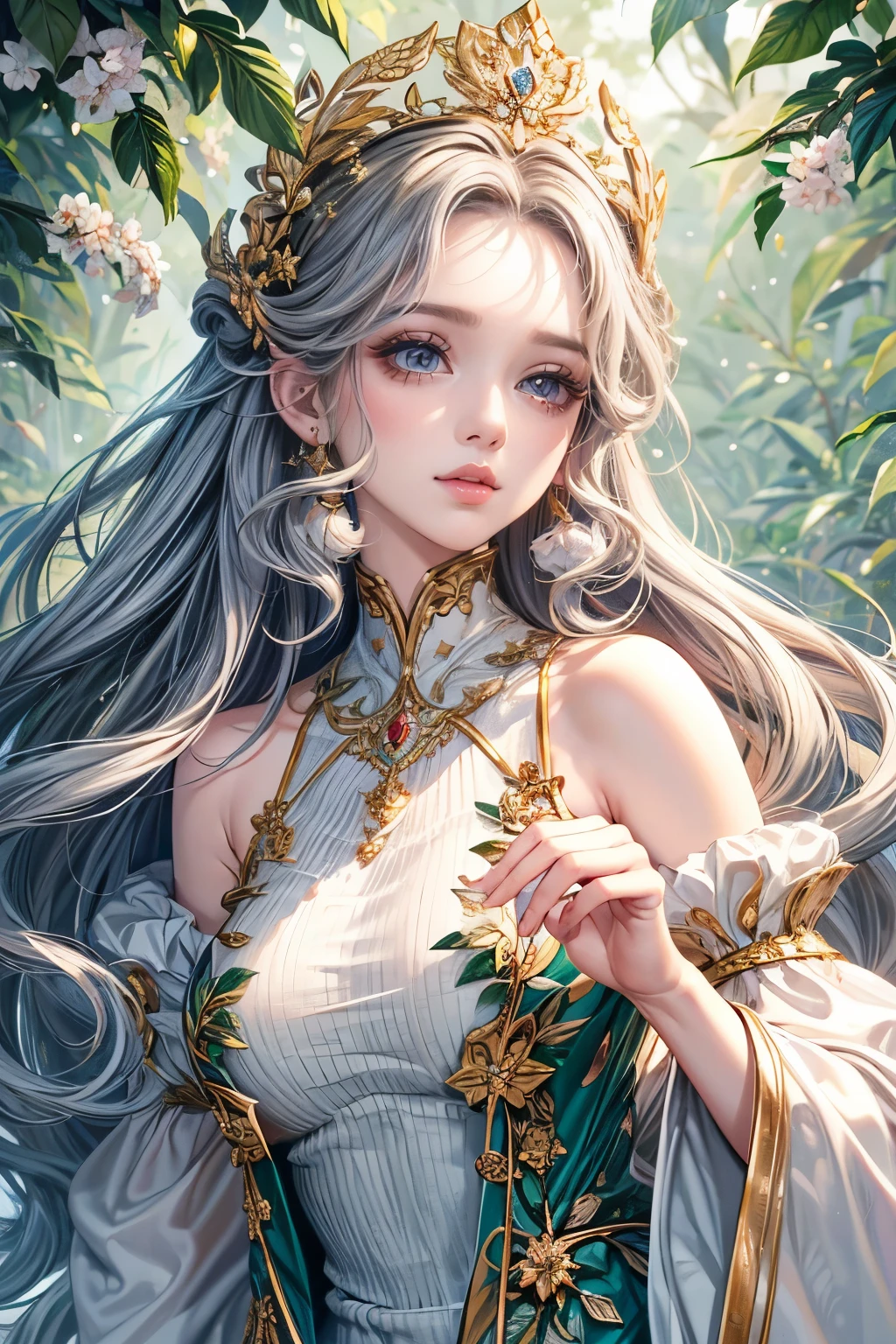 (best quality,8K,CG),detailed upper body,solitary girl,floral forest background,complex facial features,elegant long curly hair,almond-shaped big eyes,detailed eye makeup,long eyelashes,twinkling stars,exquisite lip details,soft and harmonious style.