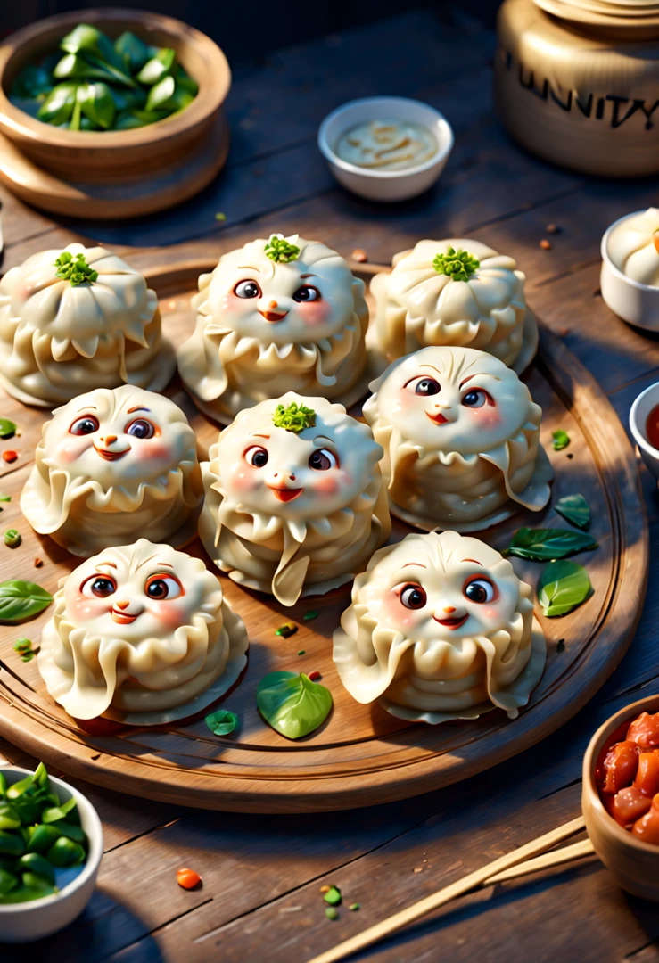 Pixar style, eating dumplings, 3D render, octane render, enhance, intricate, (masterpiece, Representative work, official art, Professional, unity 8k wallpaper:1.3)